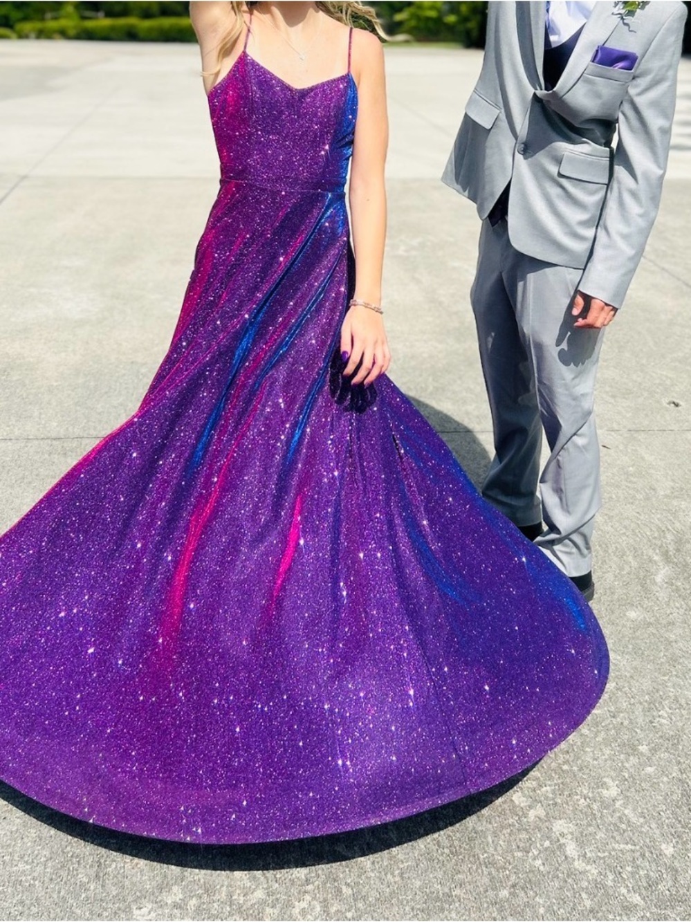Glittery Purple Spaghetti-Strap Prom Gown